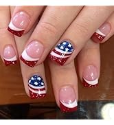 4th of July Press on Nails Short Square Fake Nails Red French Tip False Nails with American Flag ...