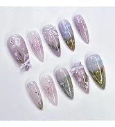 24Pcs Purple Press on Nails Medium Almond Fake Nails with 3D Bow Pearl Designs Glue on Nails Spri...
