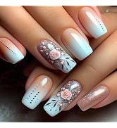 Blue Pink Ombre Press on Nails Medium Square False Nails with Pink Flower Designs Glossy Glitter ...