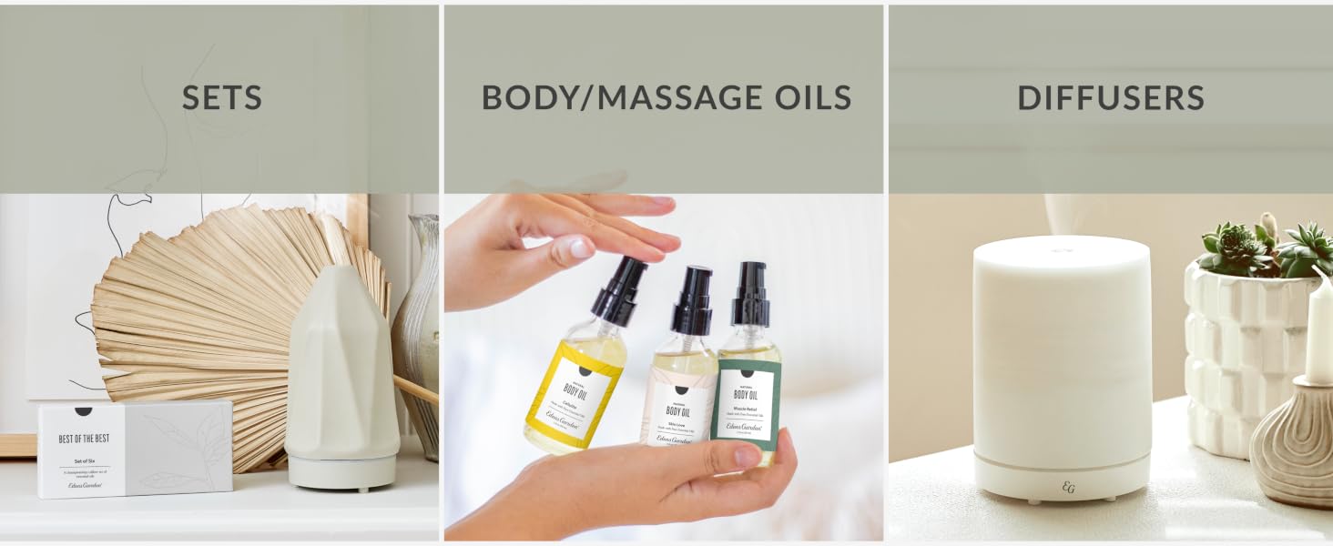 essential oil sets, body & massage oils, home diffusers & humidifiers