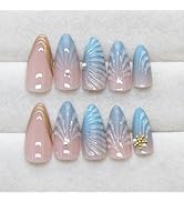 Handmade Press on Nails Medium Almond False Nails with Pearl Water Ripple Design Ombre Blue Seash...