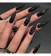 24 Pcs Matte Black Press on Nails Long Stiletto Fake Nails with Glue Halloween False Nails with 3...