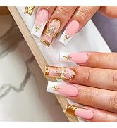 MISUD Press on Nails Long Square Fake Nails Glossy Glue on Nails 3D Gold French Tip Acrylic Nails...