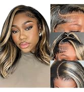 MUGOHK Highlight Lace Front Wig Human Hair 12 Inch Balayage Body Wave Bob 13x4 HD Lace Closure Wi...