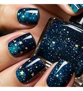 Dark Blue Press on Nails Short Fake Nails Starry Sky Nails Press ons Glossy Acrylic Nails Summer ...