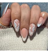 Flower Press on Nails Medium Almond Fake Nails with French Tips Design Blue Daisy Glue on Nails W...