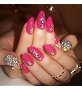 Artquee Hot Pink Almond Press on Nails Short Fake Nail with Designs Luxury 3D Rhinestones False N...