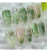 30Pcs Green Press on Nails Medium Almond Fake Nails with 3D Pearl Gold Beads Designs Stick on Nai...