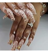 Curved Press on Nails Long Fake Nails with Leopard Print Design Gold Rhinestones False Nails Glos...