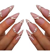 Almond Shaped Press on Nails Medium,24pcs with Pearls Designs Fake Nails Press on Cute Gold Swirl...
