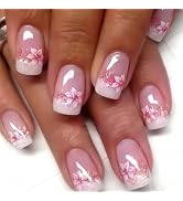 Press on Nails Medium Square Fake Nails Pink False Nails with Flower Design Glue on Nails Glossy ...