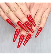 Artquee 24pcs Red Pure Color Ballerina Long Coffin Glossy Fake Nails Press on Nail False Tips Man...