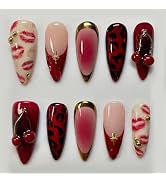 BABALAL Almond Nails Press on Medium Fake Nails Brown Red Nails Glue on Cheetah Acrylic Nails Y2k...