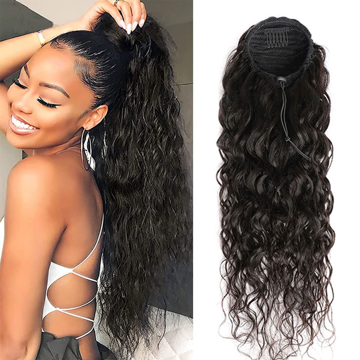 22 Inch Water Wave Ponytail Drawstring Ponytail Human Hair Ponytail Extension Natural Black Ponytail Extensions for Women Clip in Extensions