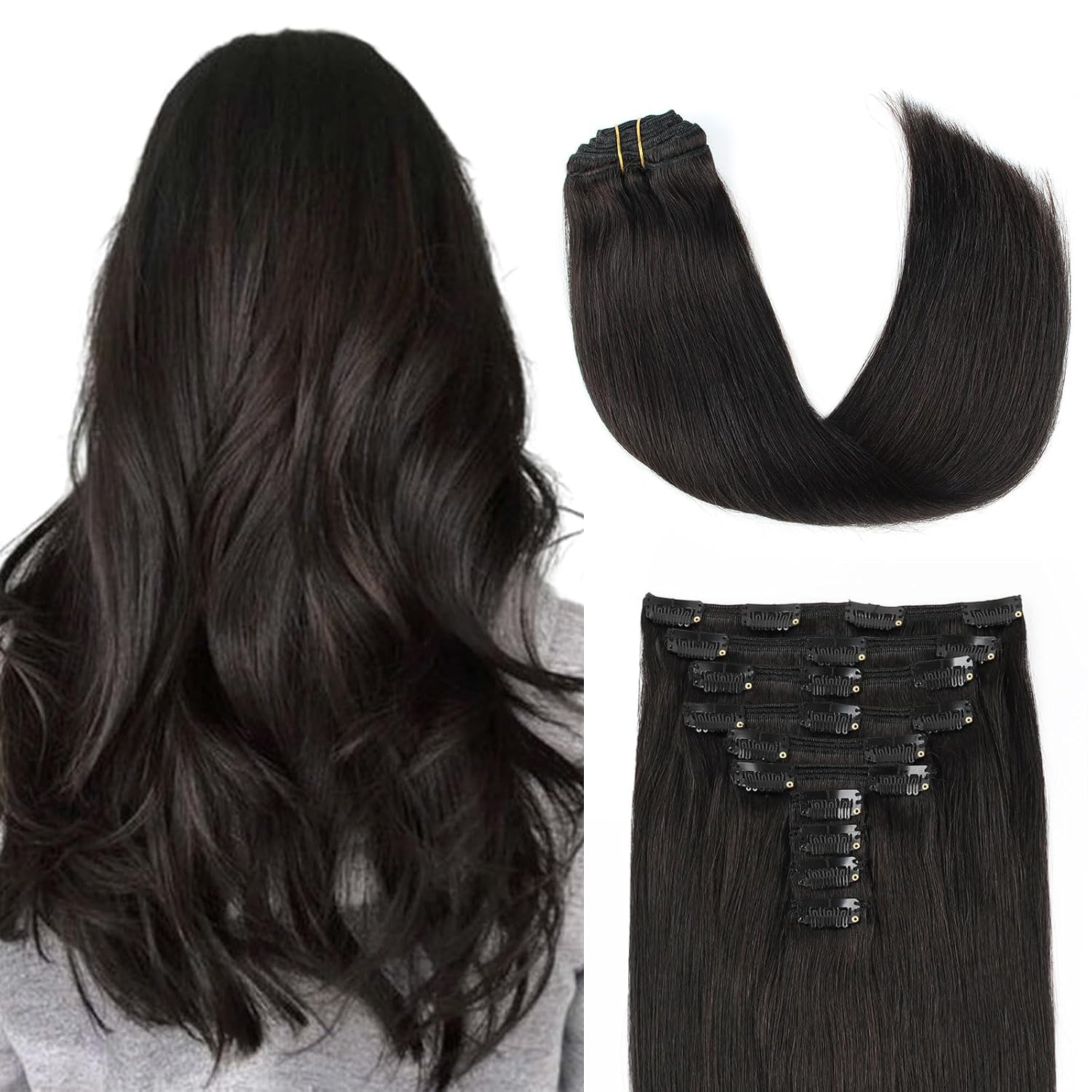 220g 22 inch 9A Grade Clip in Human Hair Extensions, Double Weft Remy Hair Make Full Head, Colored 1B Off Black 10 pieces 21 clips