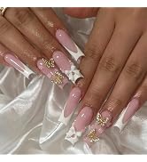 MISUD Press on Nails - Long Square Fake Nails with White French Tip, Acrylic Bow Flower Design 24...
