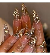 IMSOHOT Golden Press on Nails Long Stiletto Fake Nails Gold Rhinestone & Glitter Full Cover Glue ...