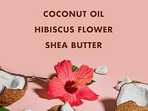 Pieces of coconut and hibiscus on light pink background with text.