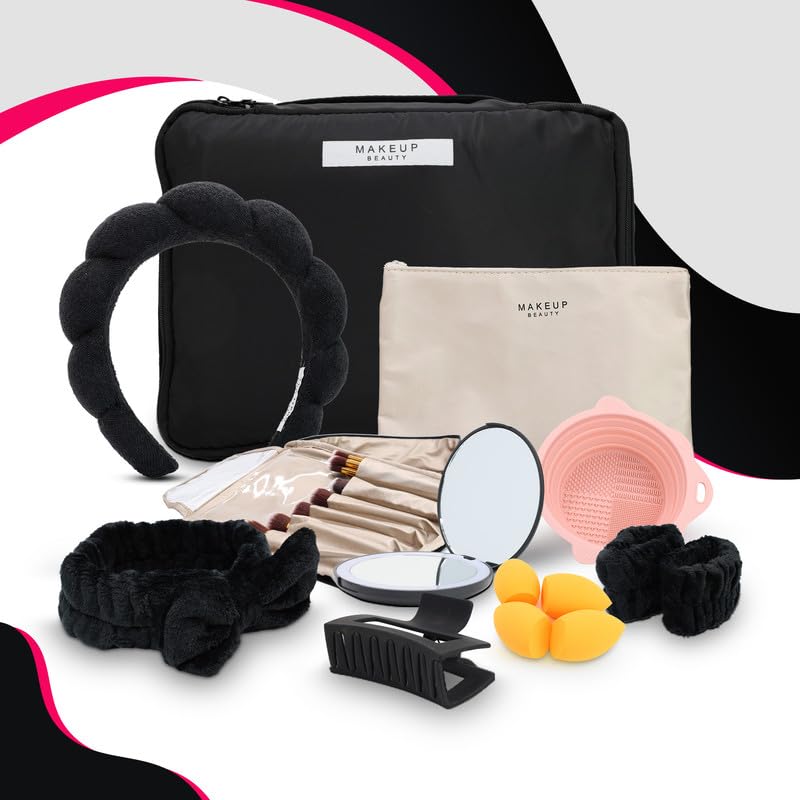 23-Piece Makeup and Skincare Essentials Gift Set with Black Cosmetic Bag and LED Mirror