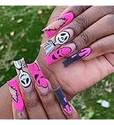 Halloween Press on Nails Long Square Fake Nails Pink Full Cover Nightmare Before Christmas Nails ...