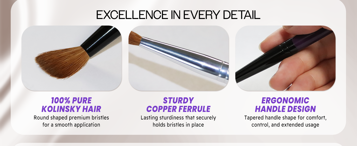 PANA Pure Kolinsky Hair Bristles Acrylic Nail Brush Round Shape Copper Ferrule Ergonomic Handle
