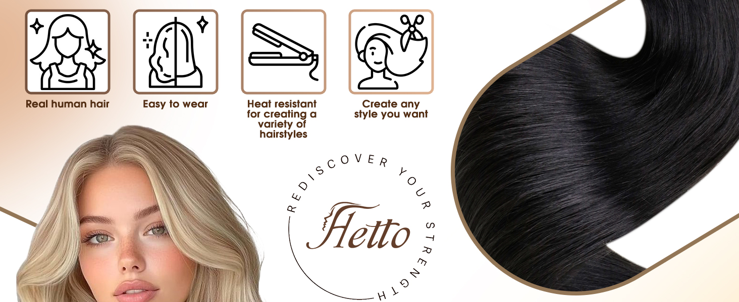Product instruction icons for hair care, including heat, washing, and styling symbols. Shows hair extension or wig product with dark black color.