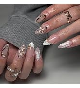 MERVF Almond Press on Nails Medium, White French Tip Fake Nails, 3D Gold Flower Glue ons Acrylic ...