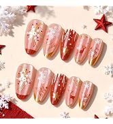 Christmas Press on Nails Medium Almond Fake Nails with Designs Deer Stick on Nail French Acrylic ...