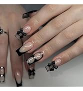 24 Pcs Nude Pink Press on Nails Medium Square - YEFIUO Black French Fake Nails Press ons Fall Win...
