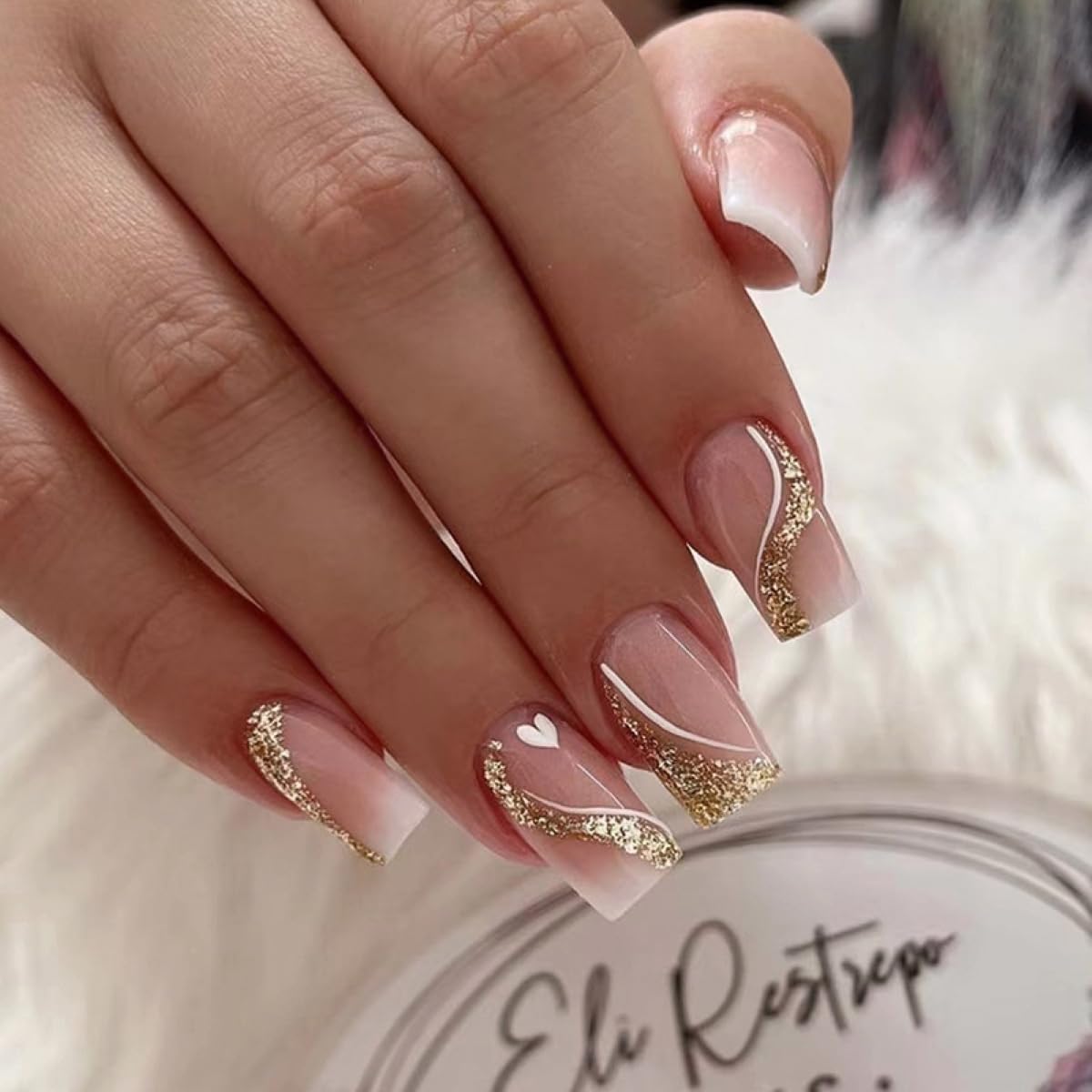 24 Pcs Nude Pink Press on Nails Medium Square - YEFIUO Glitter Fake Nails with Gold Swirl Designs Glue on Nails for Women Full Cover Glitter Sequins Acrylic Artificial False Glue on Nail for Festival