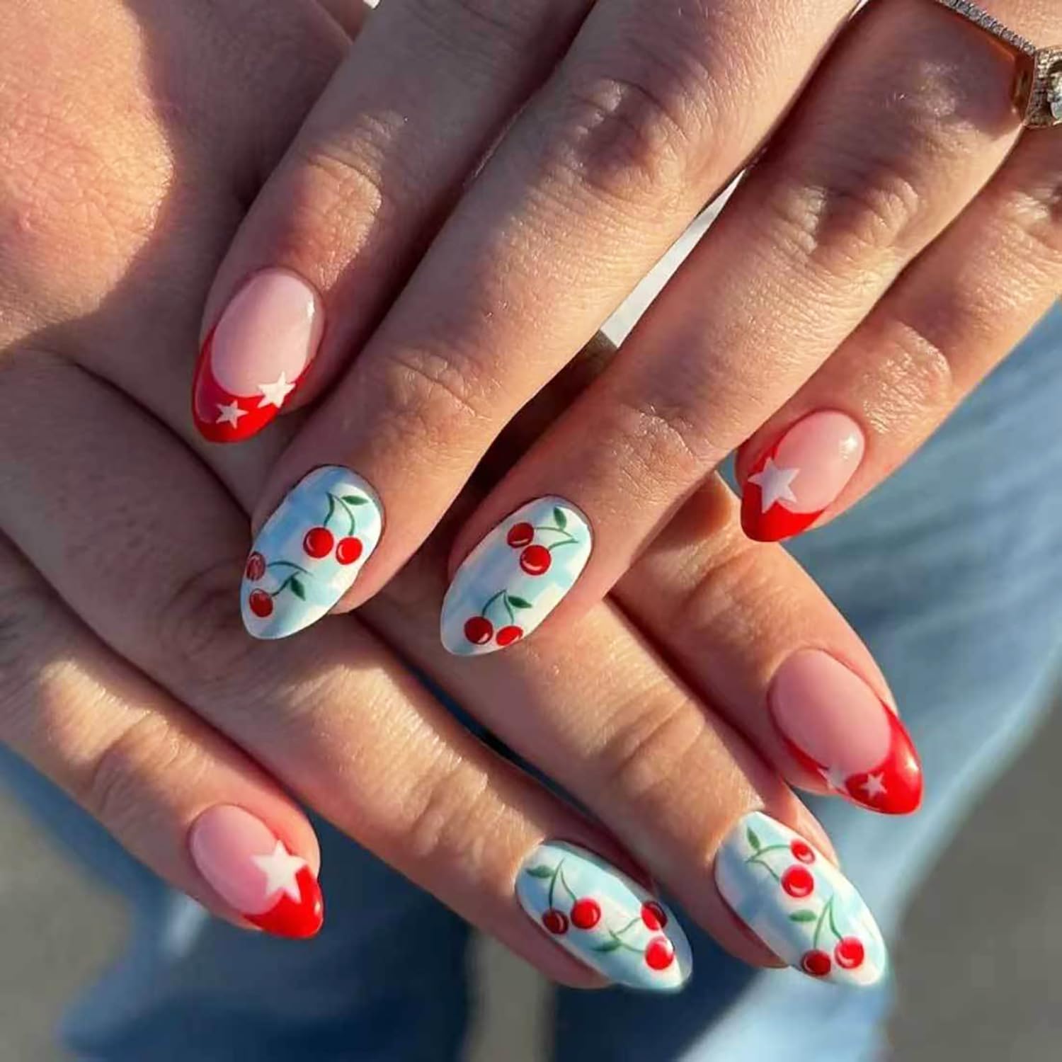 24 Piece Almond Press-On Nails for 4th of July Celebration Easy Application
