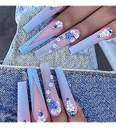 24 Pcs Long Press on Nails Coffin Fake Nails Press on Reusable Gel Stick on Nails for Women Gloss...