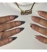 MISUD Press on Nails - Medium Almond Fake Nails with Black White Polka Dot, Acrylic Ladybug Desig...