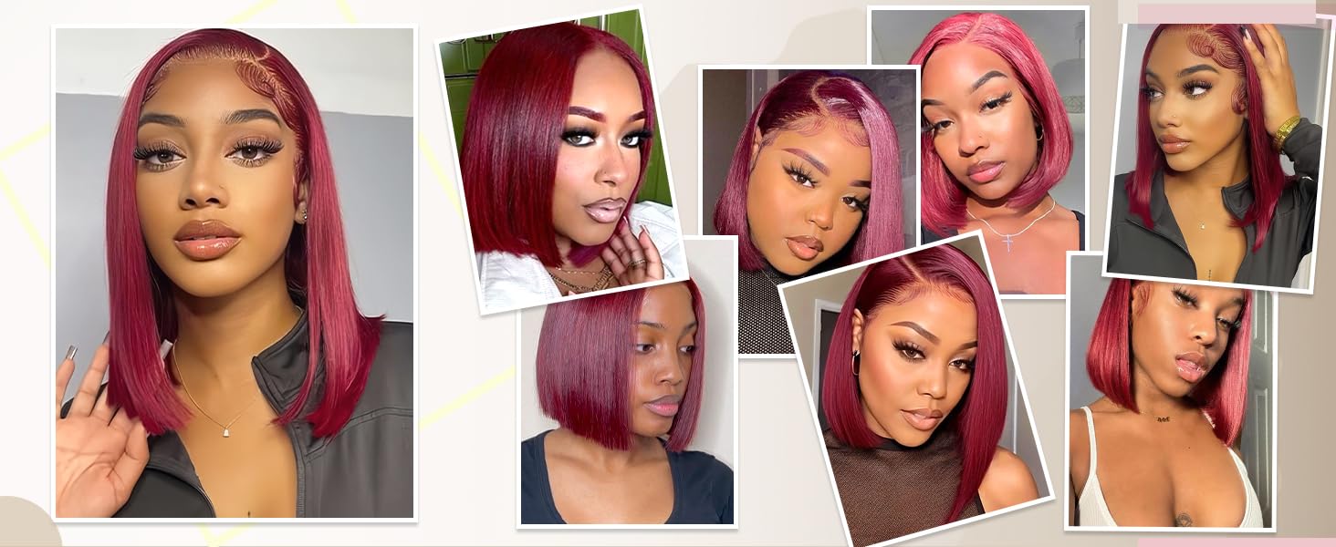 Short Straight Wine Red Bob Wig Pre Plucked