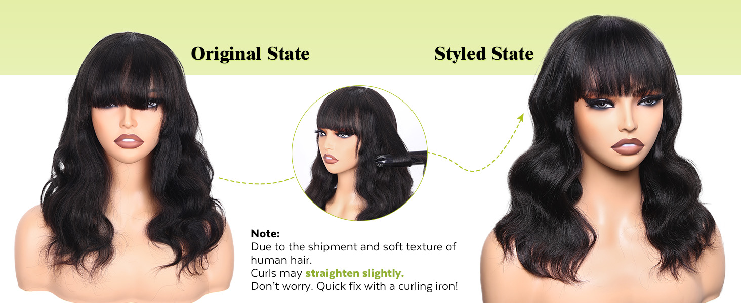 Natural Wave Wigs with Bangs Brazilian Human Hair Wave Wigs For Black Women Natural Black