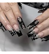 IMSOHOT Black French Press on Nails Long Square Fake Nails Acrylic Nude False Nails with Bow & Cr...