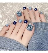 BABALAL Press on Toenails Short, Blue Toenail Press ons Square for Women, Luxury Rhinestone Slive...