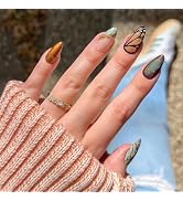 24 Pcs Spring Blue Press on Nails Short Almond - YIHONGYUAN Acrylic Nail Art Fake Nails Press ons...
