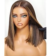KLAIYI Bob Wig Human Hair Chocolate Brown With Highlight Straight Bye Bye Knots Glueless Wig 7x5 ...
