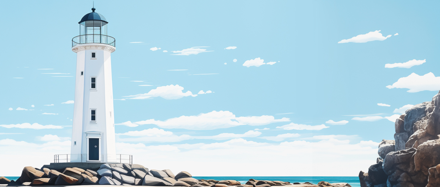 White lighthouse on rocky beach with cloudy blue sky
