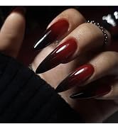 MISUD Press on Nails - Long Stiletto Glue on Nails with Gothic Red Black, Acrylic Goth Vampire De...