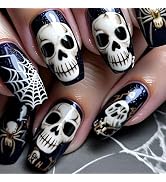 MISUD Press on Nails - Long Coffin Fake Nails with Goth Black, Acrylic Gothic Skull Design 24 pcs