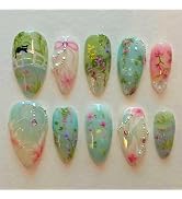 BABALAL Almond Press on Nails Medium Blue Green Fake Nails Bow Glue on Nails Cute Cat Flower Desi...