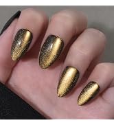 Stbisen Cat Eye Press on Nails Short Almond, Gold Press On Nails Almond, Fashion Gel Fake Nails, ...