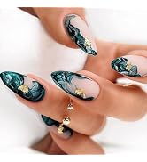 Press on Nails Almond Green Smudge Fake Nails Medium Long Acrylic Nails Press ons Golden Glitter ...