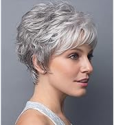 SEVENCOLORS Short Grey Wigs for White Women Pixie Cut Gray Wigs with Bangs Natural Curly Syntheti...