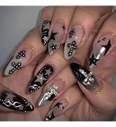 MISUD Press on Nails - Medium Almond Glue on Nails with Goth Black Star, Acrylic Silver Chrome Y2...