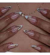 White French Tip Press on Nails Gold Line Fake Nails Medium Almond False Nails with Design Nude G...