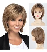 RENERSHOW Ombre Blonde Highlight Short Wigs for Women Mixed Blonde Layered Short Hair Wig with Ba...