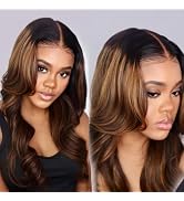 KLAIYI Ombre Brown Body Wave Lace Front Wigs Human Hair Highlight Balayage 13x4x1 T Part Ear to E...
